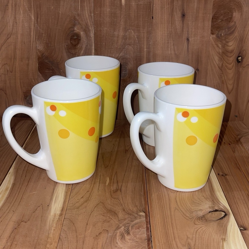 Vintage Set of 4 Luminarc Glass Mugs Yellow White Polka Dot 4.5" Made In France